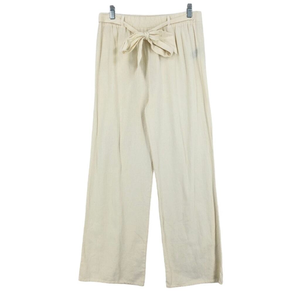 Lana Roux Linen Pants Wide Leg Women's Medium Cream High Rise Belted Relaxed